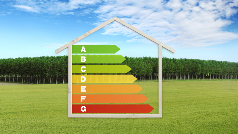 Desenho de uma casa com a etiqueta energética dentro por cima da imagem de uma paisagem de um campo relvado e árvores ao fundo